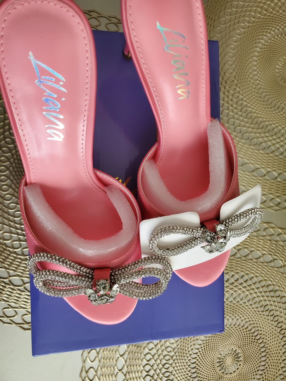 Liliana Pink Rhinestone Bow Slide Mules